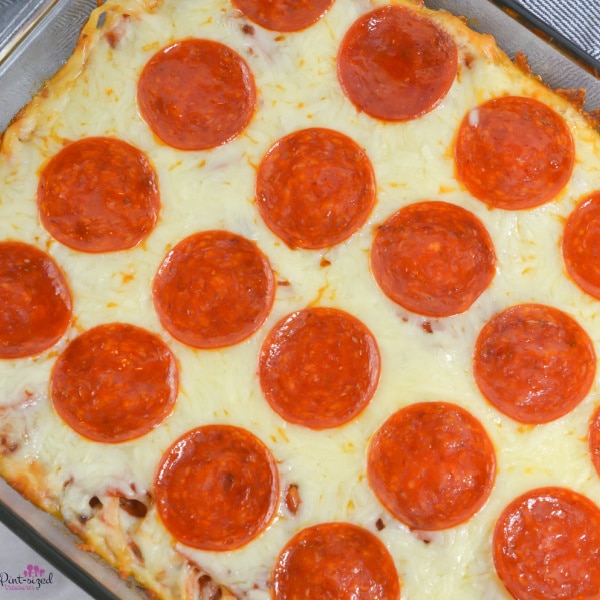 pizza casserole bake in glass casserole dish