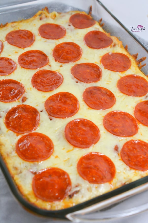 casserole dish with pizza spaghetti bake recipe