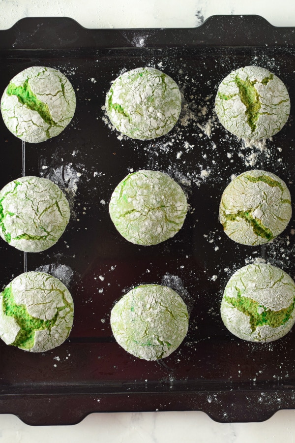 baked grinch cookies on baking pan