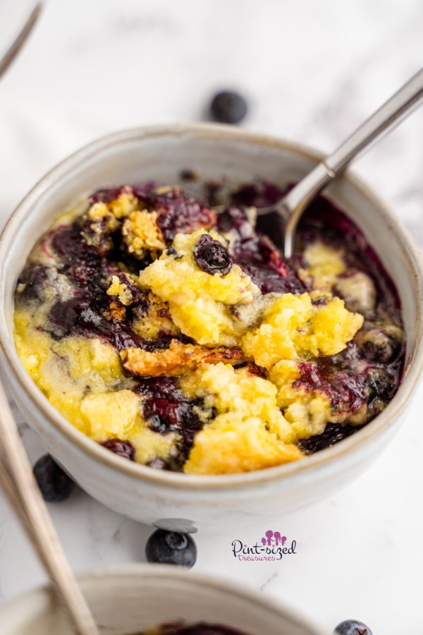 blueberry dump cake in serving bowl