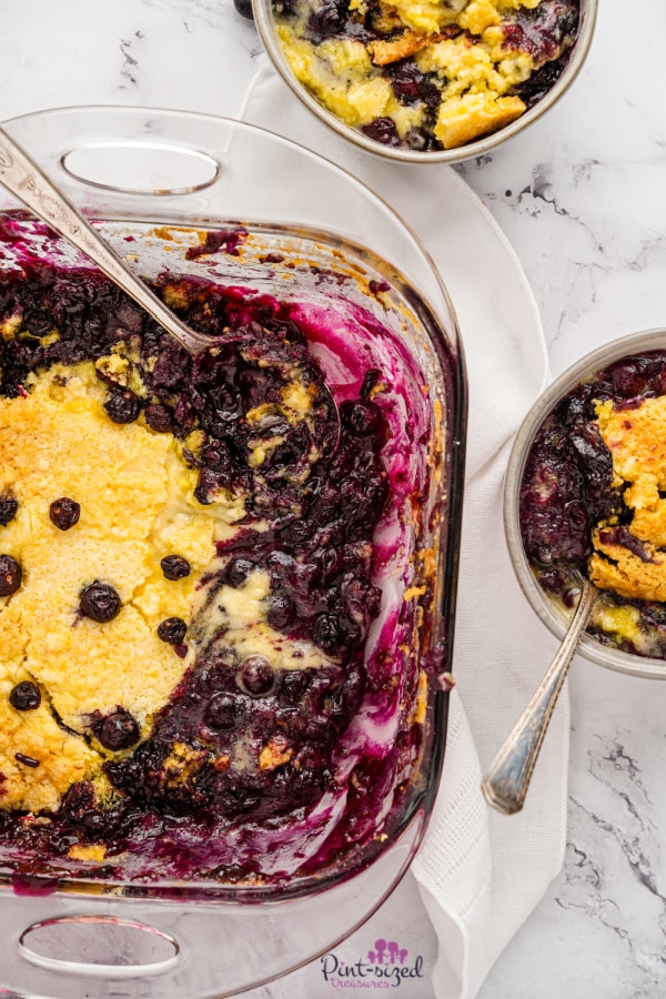 blueberry dump cake in baking dish