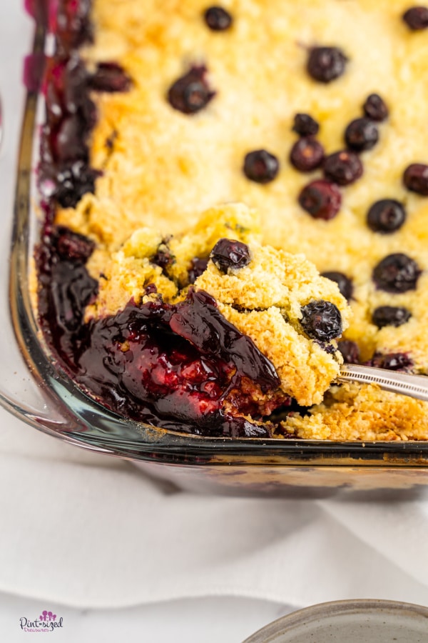 blueberry dump cake in glass baking pan