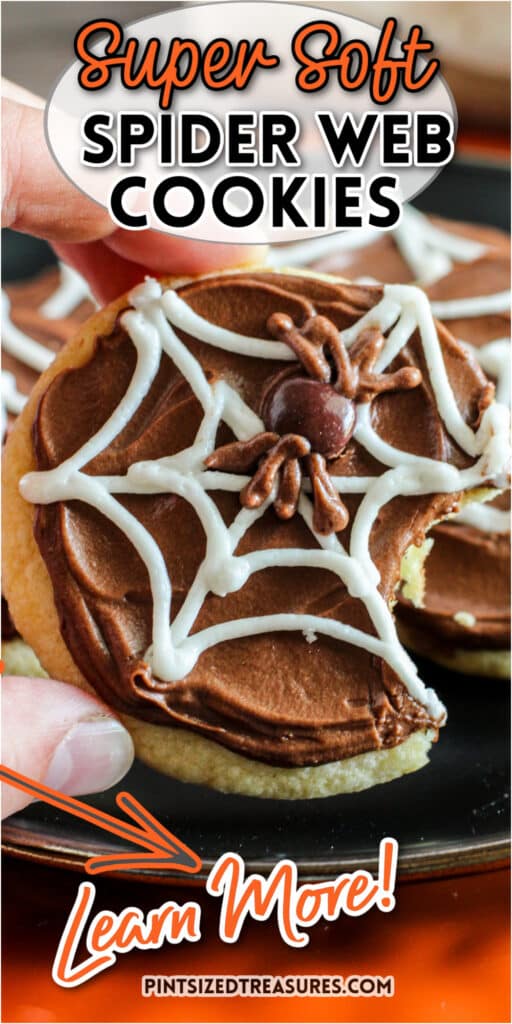 holding a spider web cookie that has a bite taken out of it
