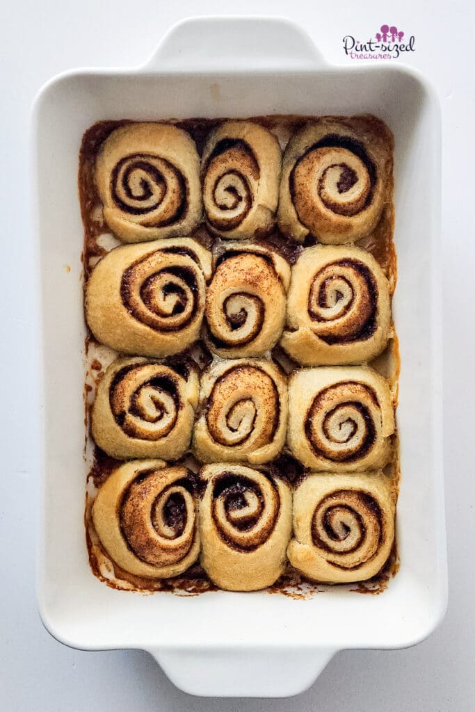 freshly baked cinnamon rolls before the glaze is added
