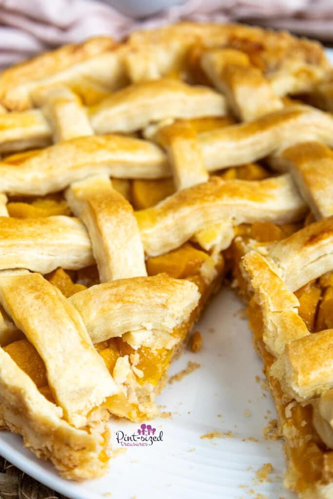 peach pie with a piece taken out