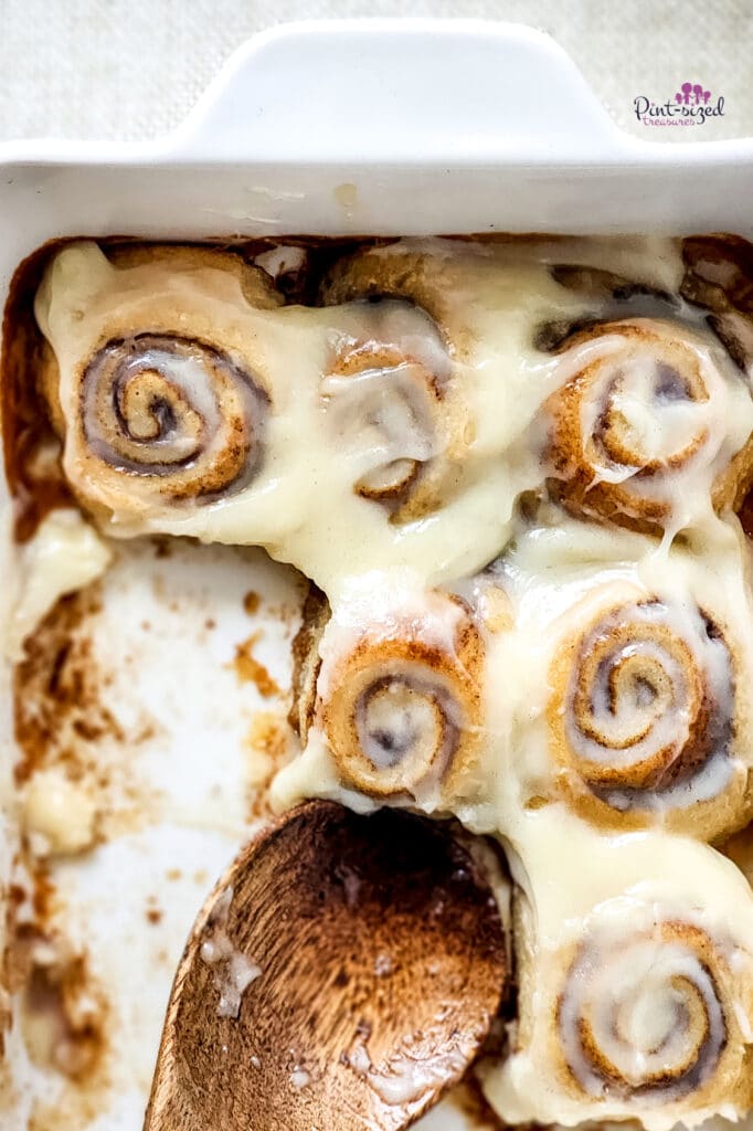 baking dish full of freshly baked cinnamon rolls