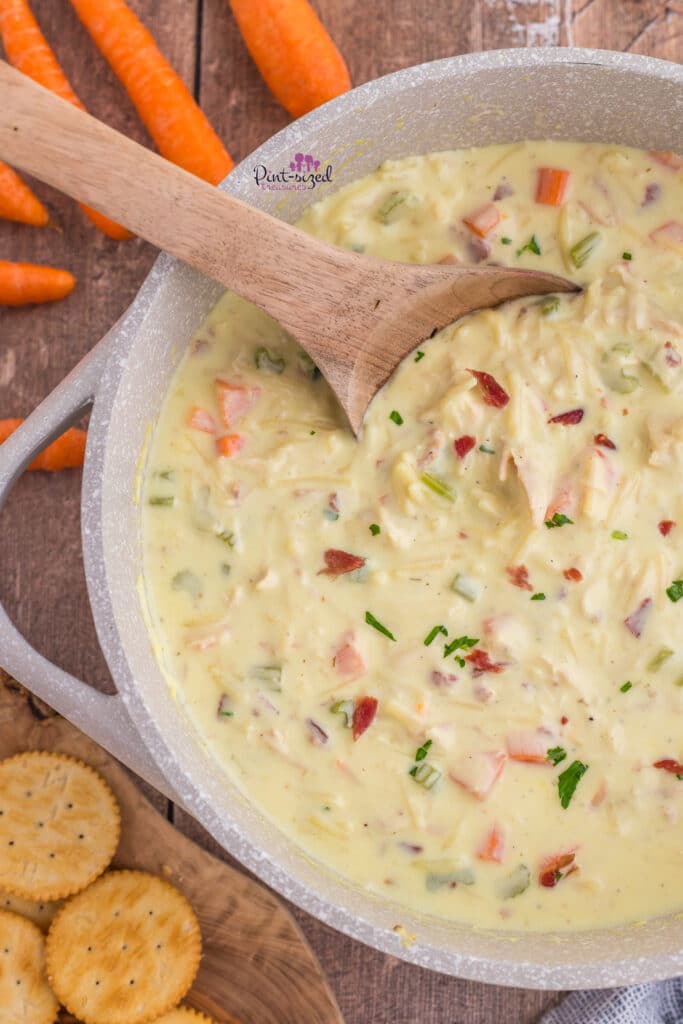 crack chicken noodle soup in large pot