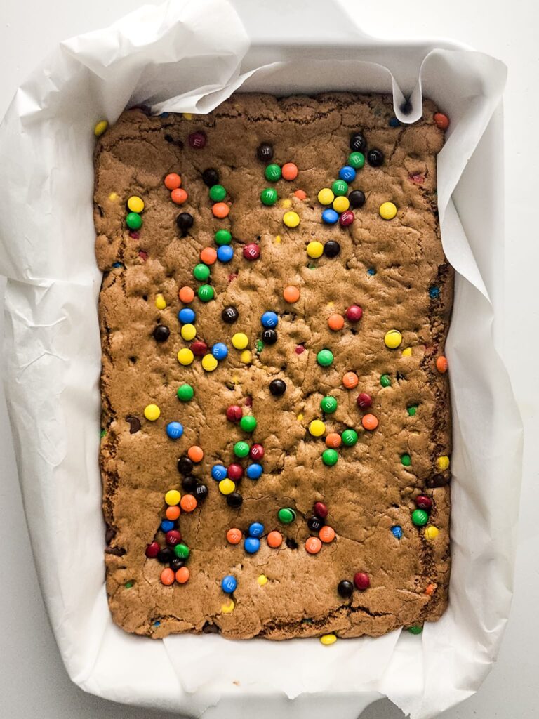 Cooked cookie bars before they're cut