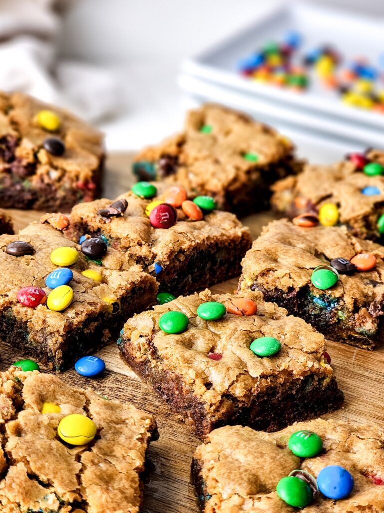 M&M Cookie Bars on a cutting board